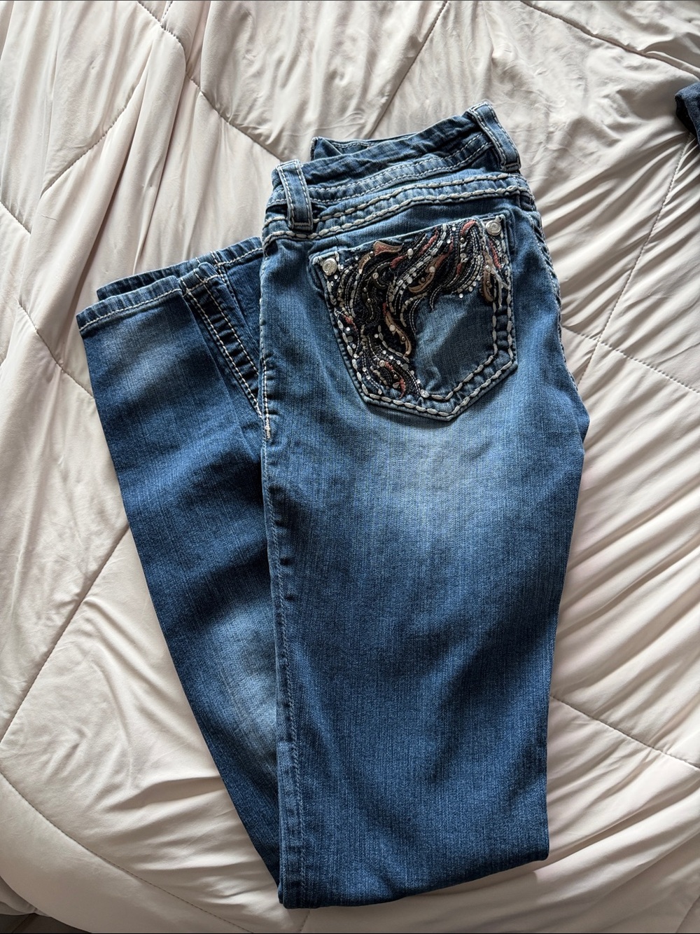 Miss Me Dark Blue Skinny Jeans with Beaded Pocket